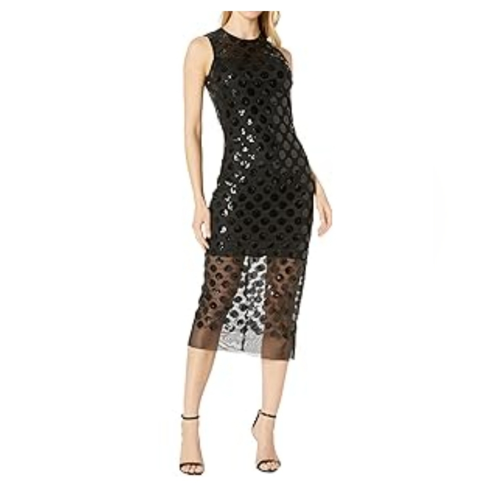 New Betsey Johnson 6 Sequin Polka Dot Sleeveless Midi Dress Sheer Onyx Goth
